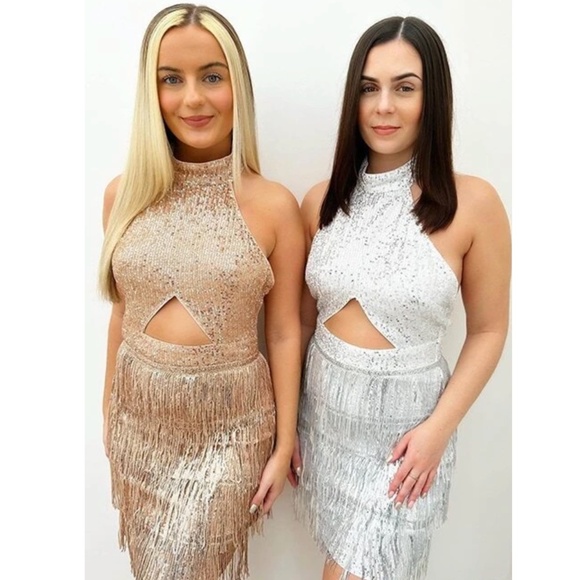 Silver Sequined Tassel Cut Out Mini Short Dress Halter Neck - Picture 7 of 8